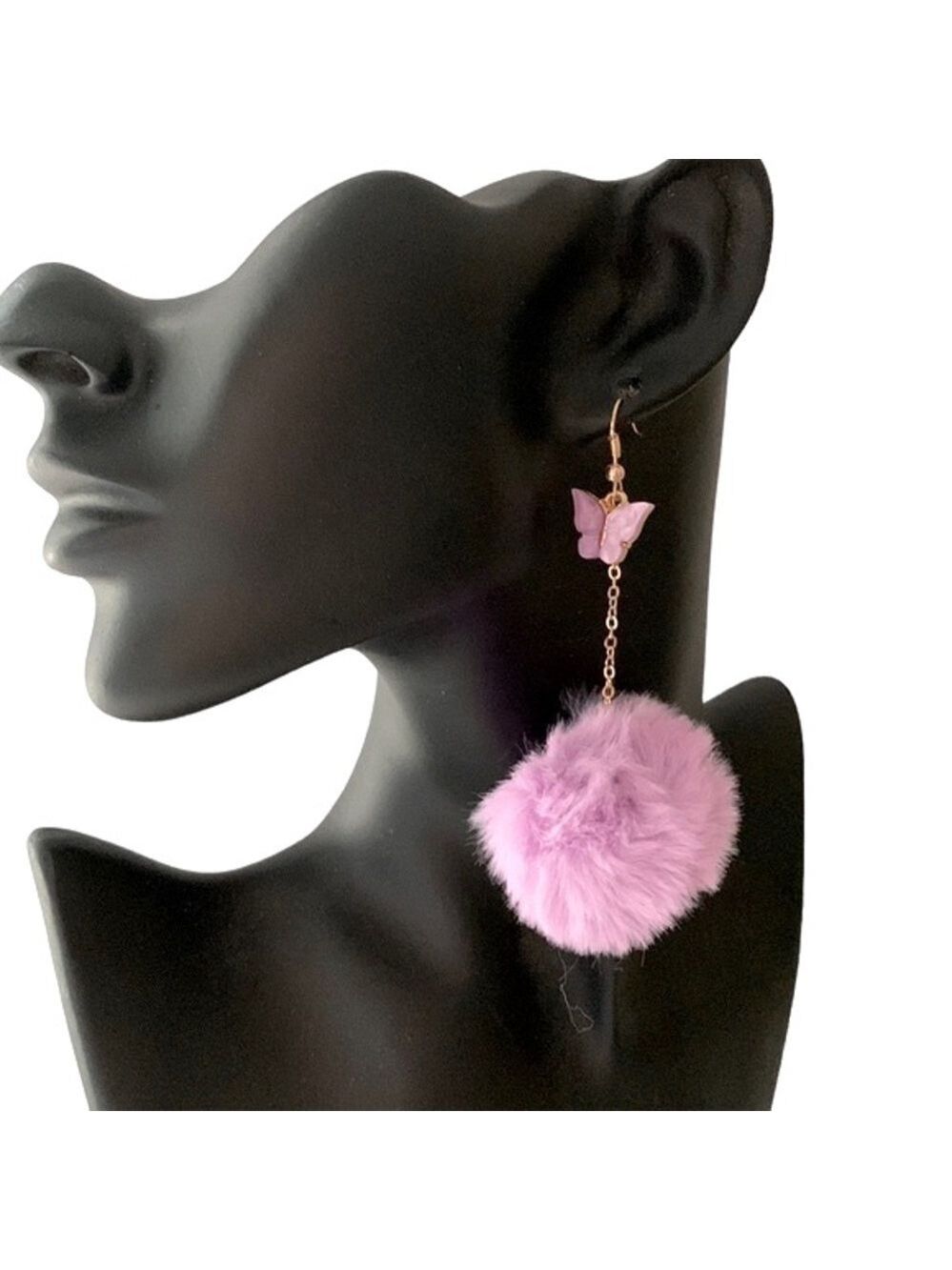 LAVENDER Pom Pom Butterfly Pierced Earrings Gold Tone Chain